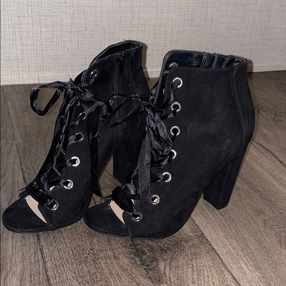 Justfab lace up black suede heels
